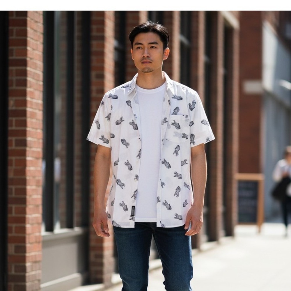 Jackson Poplin Shirt Mens Large White New Leopard Print Short Sleeve Button Down